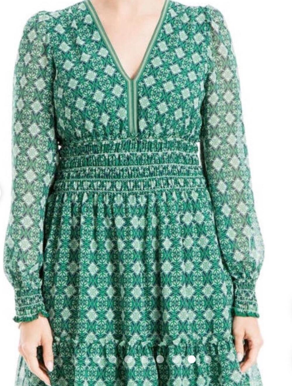 NEW Max Studio Dress Long Sleeve Smocked Waist Floral Green S Ruffle V-Neck Boho